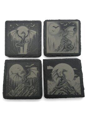 Slate Dragon Coasters Engraved Set Of 4 Square Gray 4"-US Duties Prepaid
